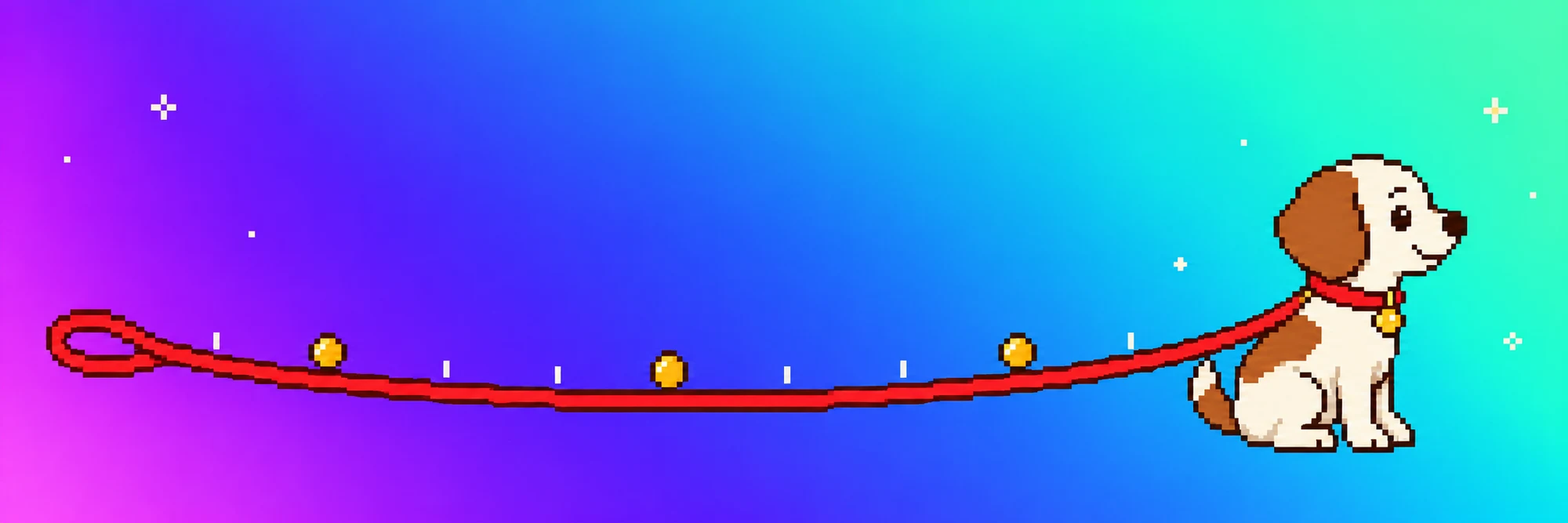 A dog on a long red rope, with gold coins marking the limits along it